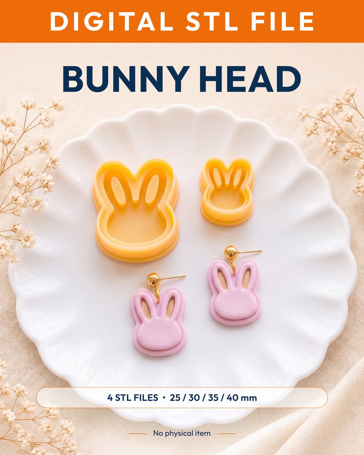 Digital STL listing hero showing the Mini Bunny Head printed clay cutter with example finished polymer clay jewelry.