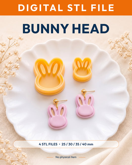 Digital STL listing hero showing the Mini Bunny Head printed clay cutter with example finished polymer clay jewelry.