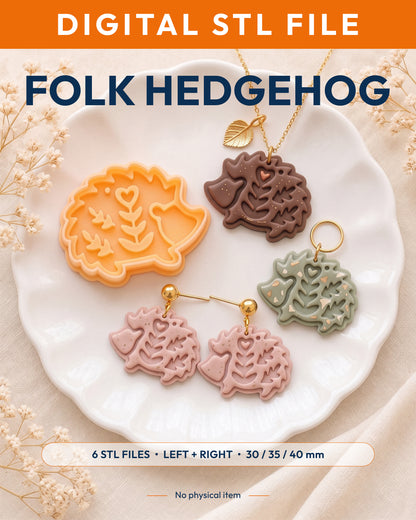 Digital STL listing hero showing the Woodland Hedgehog printed clay cutter with example finished polymer clay jewelry.