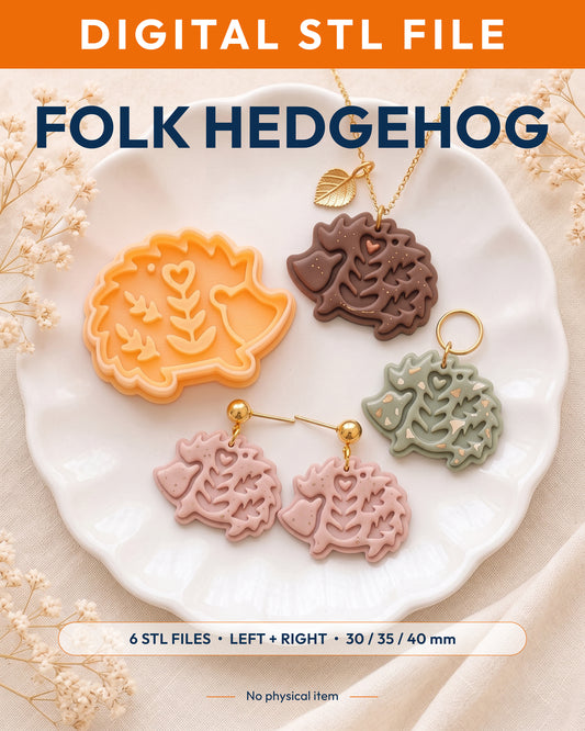 Digital STL listing hero showing the Woodland Hedgehog printed clay cutter with example finished polymer clay jewelry.