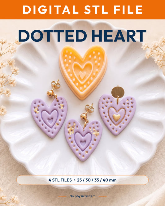 Boho Dotted Heart digital STL listing cover showing the heart imprint cutter with finished purple heart earrings and the 25, 30, 35 and 40 mm size set.