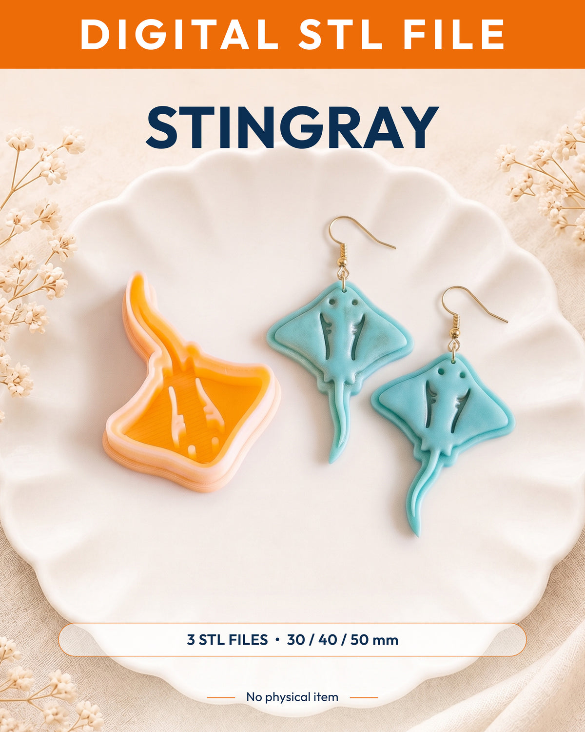 Digital STL listing hero showing the Stingray printed clay cutter with example finished polymer clay jewelry.