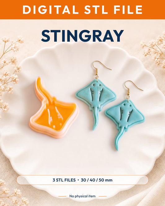 Digital STL listing hero showing the Stingray printed clay cutter with example finished polymer clay jewelry.