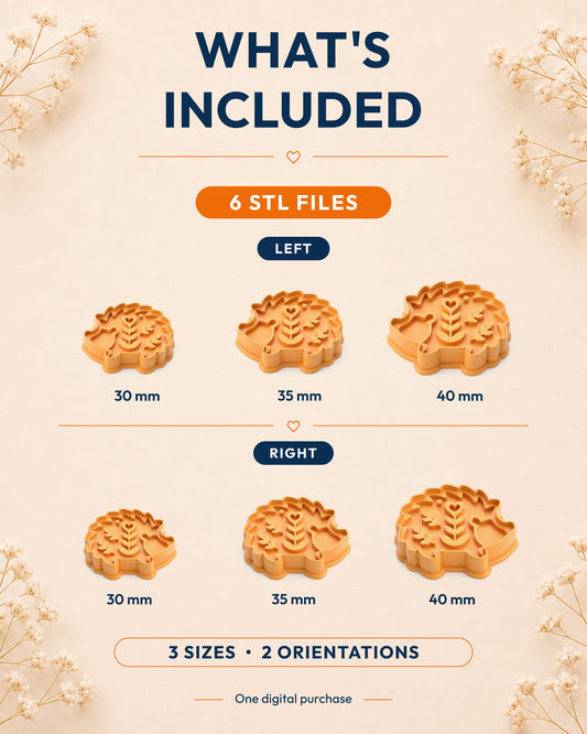 What's included graphic showing the STL file package and available sizes for the Woodland Hedgehog clay cutter.