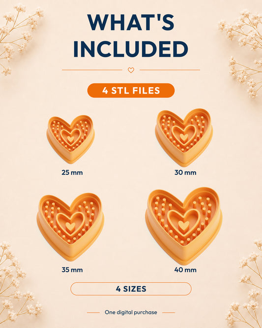 Four Boho Dotted Heart cutter sizes displayed at 25, 30, 35 and 40 mm, showing the size-specific STL files included with the digital purchase.
