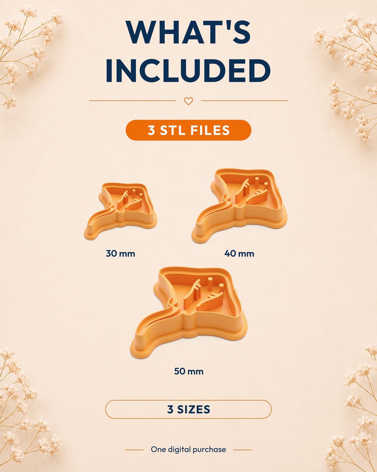 What's included graphic showing the STL file package and available sizes for the Stingray clay cutter.
