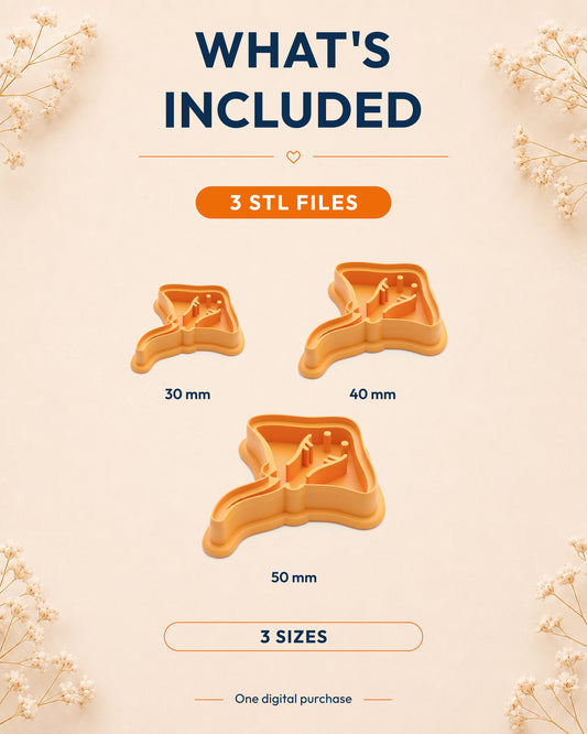 What's included graphic showing the STL file package and available sizes for the Stingray clay cutter.