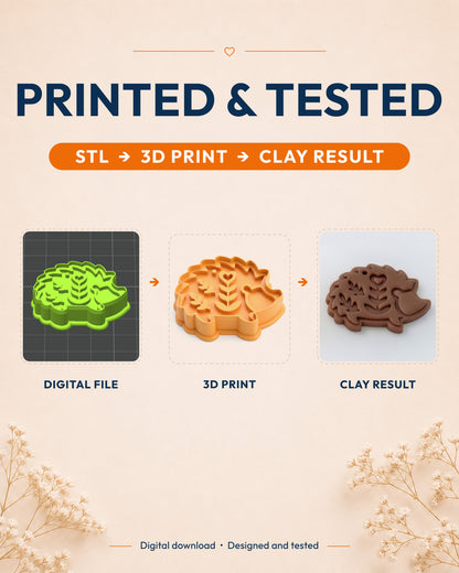 Printed and tested graphic showing the digital model, printed Woodland Hedgehog cutter and matching polymer clay result.