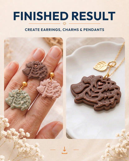 Finished result collage showing polymer clay jewelry created with the Woodland Hedgehog cutter design.