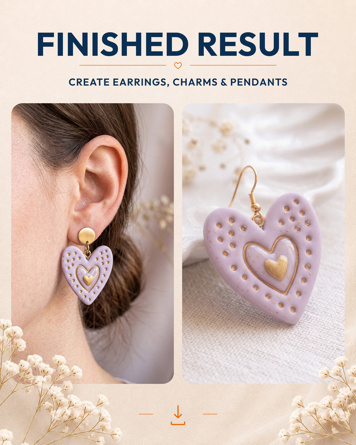 Finished purple dotted heart clay earring shown worn on an ear and beside a matching finished heart piece as a jewelry result example.
