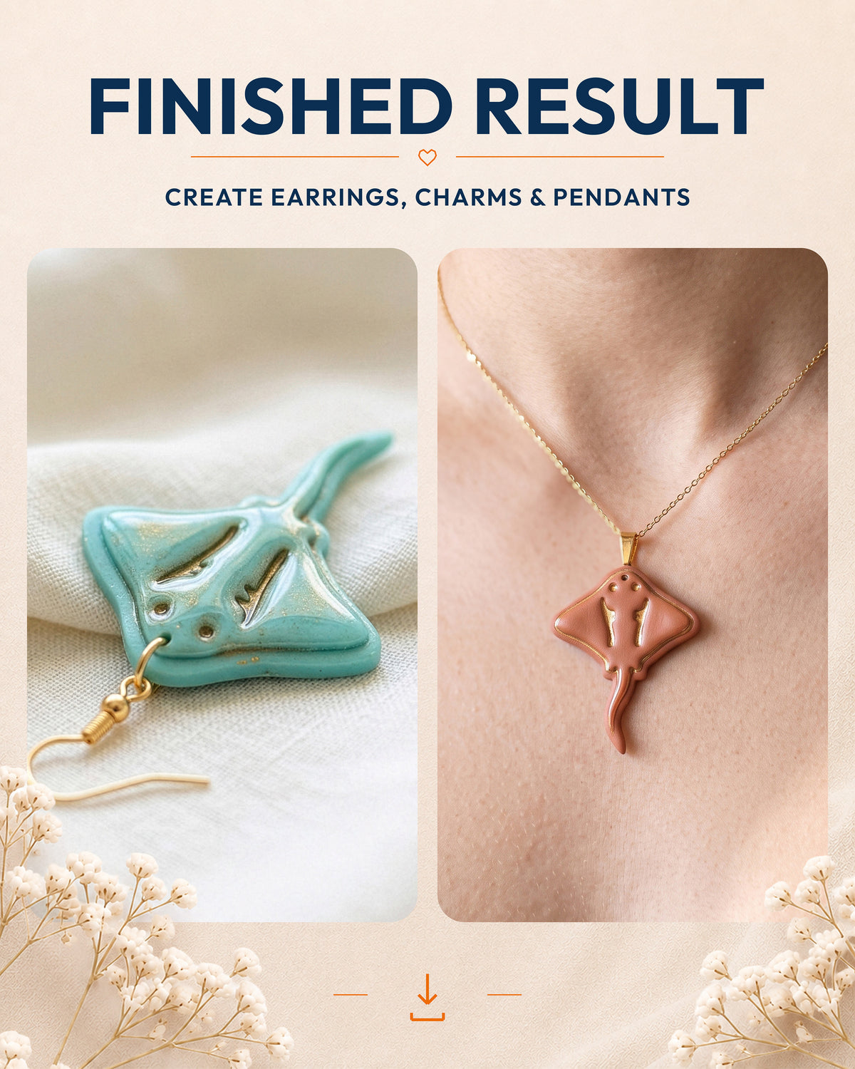 Finished result collage showing polymer clay jewelry created with the Stingray cutter design.