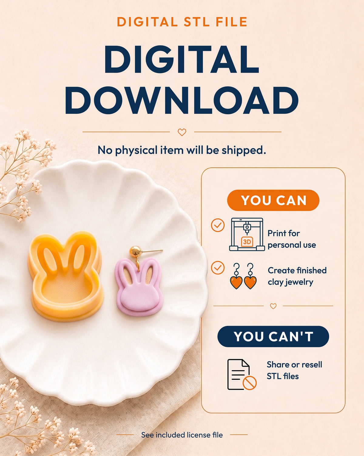 Digital download information graphic for the Mini Bunny Head STL files, explaining that no physical item is shipped.