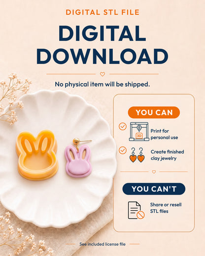 Digital download information graphic for the Mini Bunny Head STL files, explaining that no physical item is shipped.