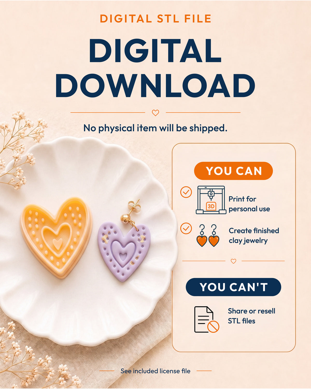 Digital download information graphic for the Boho Dotted Heart STL files, stating that no physical item is shipped and summarizing permitted use and file-sharing restrictions.
