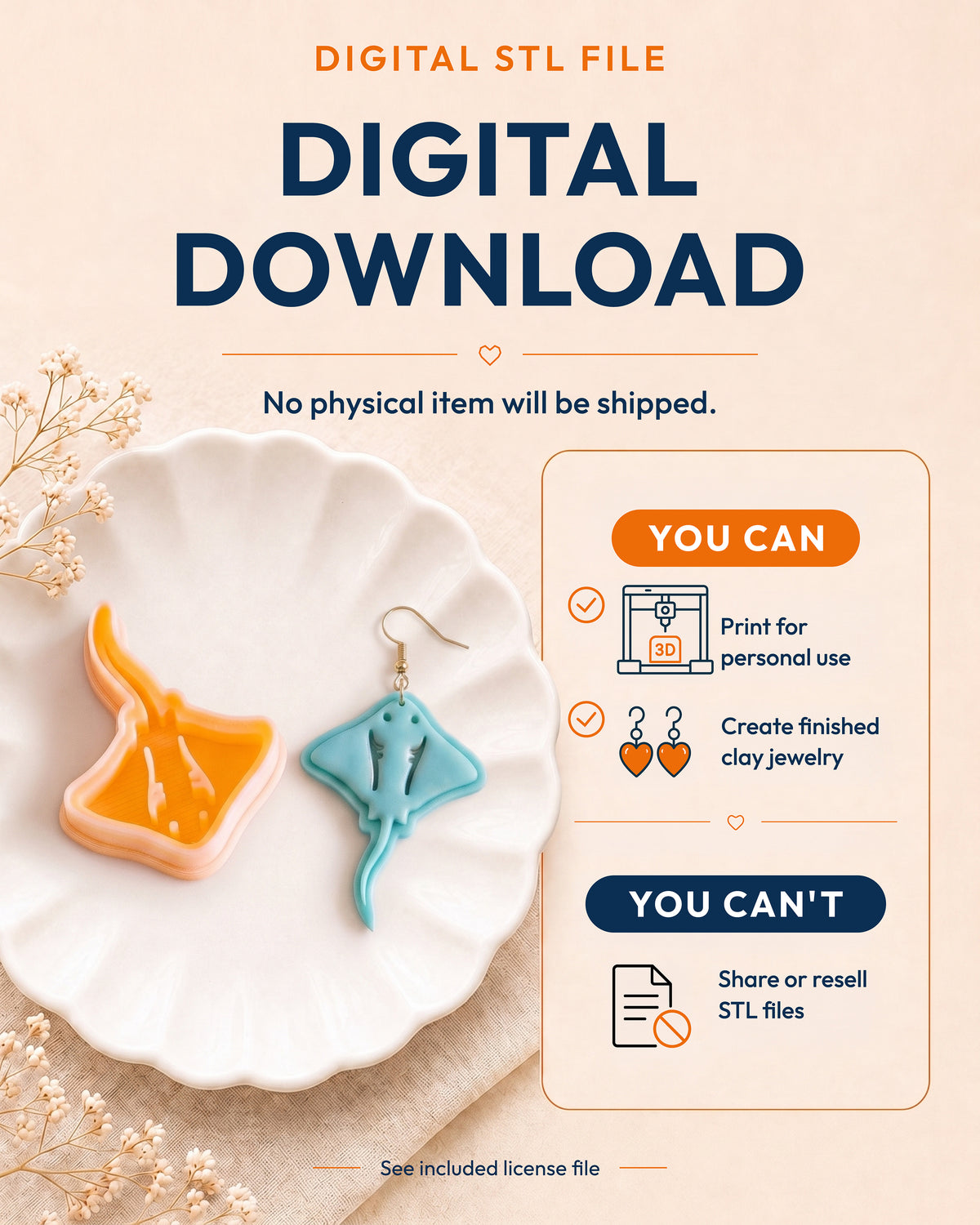 Digital download information graphic for the Stingray STL files, explaining that no physical item is shipped.
