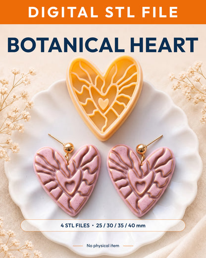 Digital STL listing hero showing the Boho Botanical Heart printed clay cutter with example finished polymer clay jewelry.