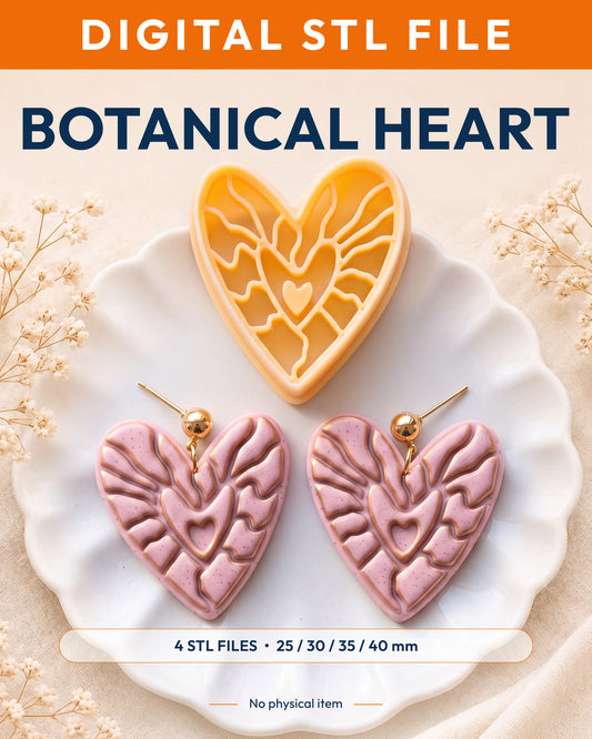 Digital STL listing hero showing the Boho Botanical Heart printed clay cutter with example finished polymer clay jewelry.