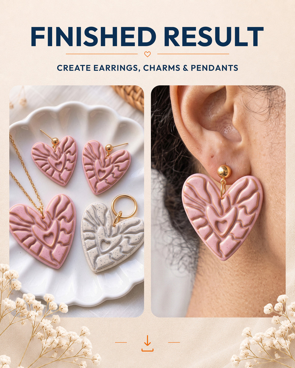 Finished result collage showing polymer clay jewelry created with the Boho Botanical Heart cutter design.