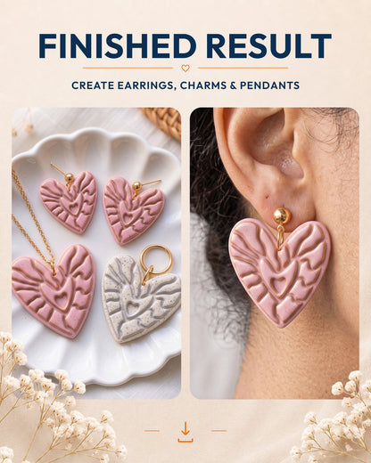 Finished result collage showing polymer clay jewelry created with the Boho Botanical Heart cutter design.