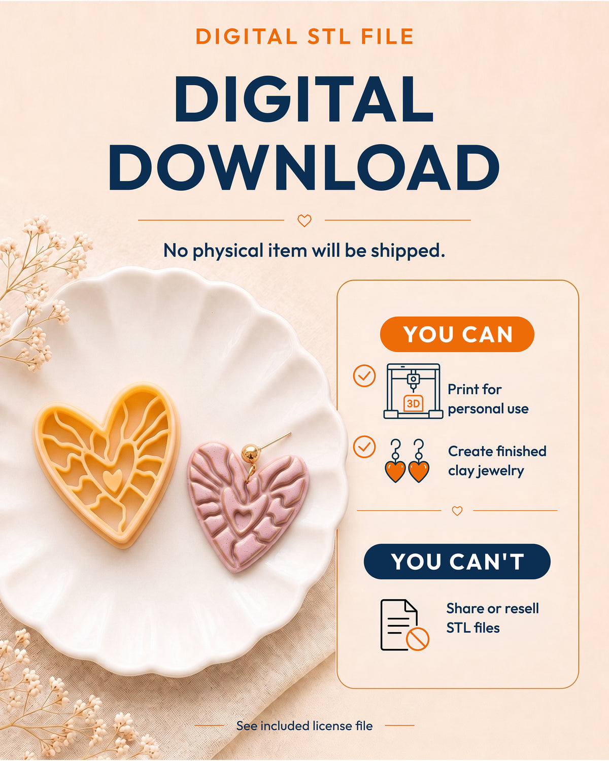 Digital download information graphic for the Boho Botanical Heart STL files, explaining that no physical item is shipped.
