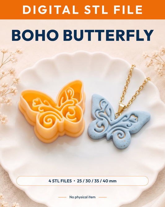 Digital STL listing hero showing the Boho Butterfly printed clay cutter with example finished polymer clay jewelry.
