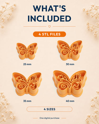What's included graphic showing the STL file package and available sizes for the Boho Butterfly clay cutter.