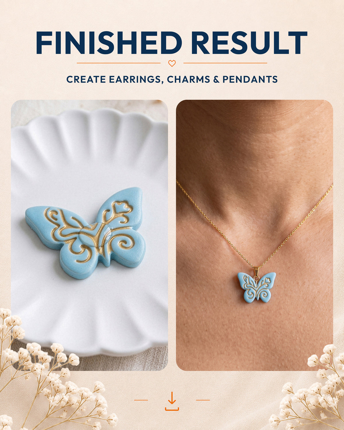 Finished result collage showing polymer clay jewelry created with the Boho Butterfly cutter design.