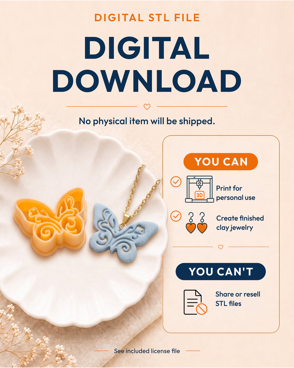 Digital download information graphic for the Boho Butterfly STL files, explaining that no physical item is shipped.