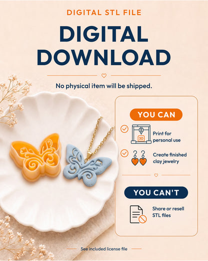 Digital download information graphic for the Boho Butterfly STL files, explaining that no physical item is shipped.