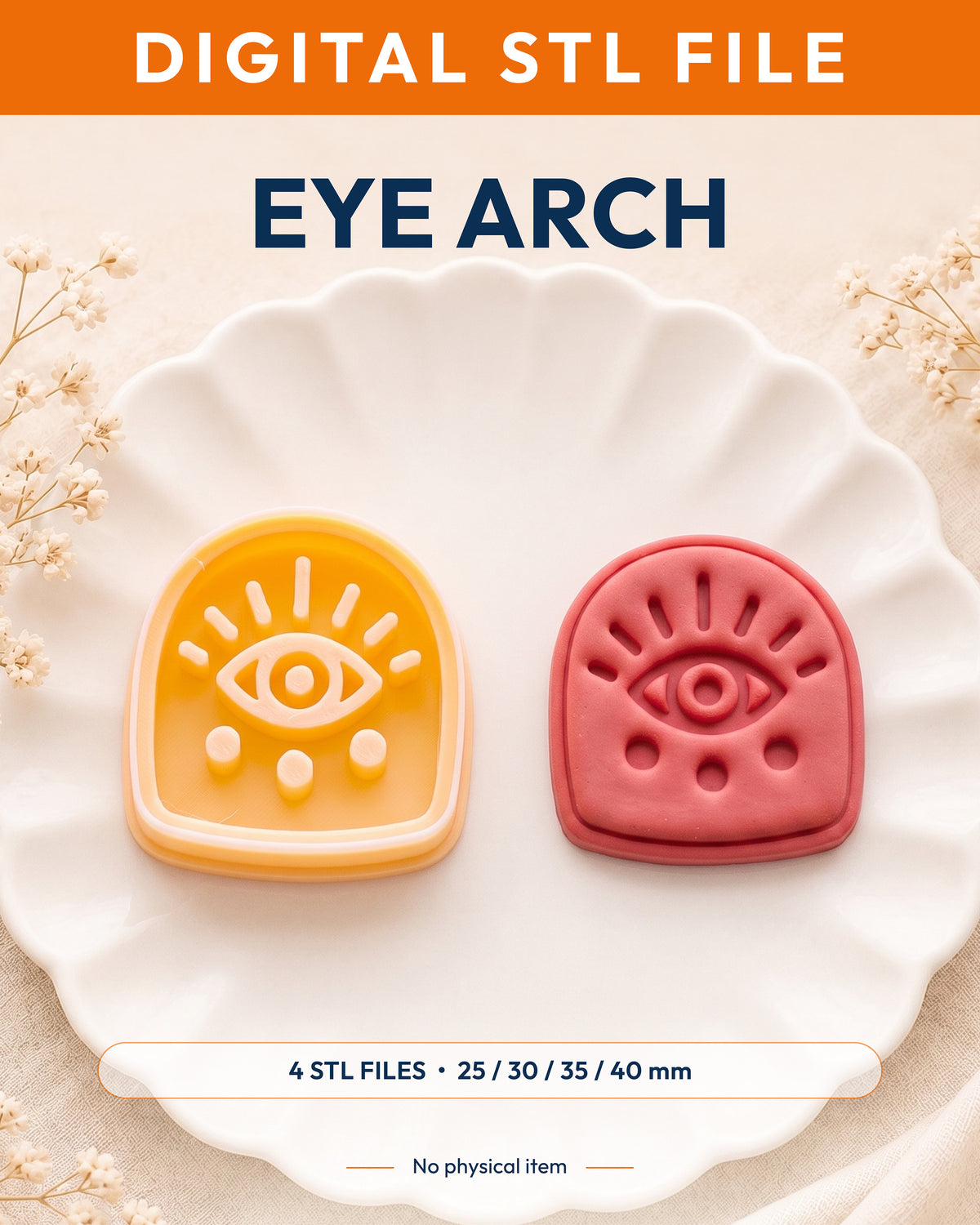 Digital STL listing hero showing the Boho Eye Arch printed clay cutter with example finished polymer clay jewelry.