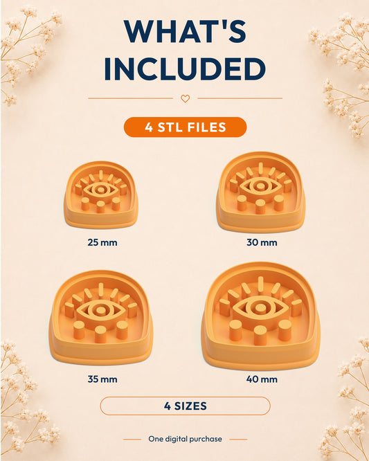 What's included graphic showing the STL file package and available sizes for the Boho Eye Arch clay cutter.