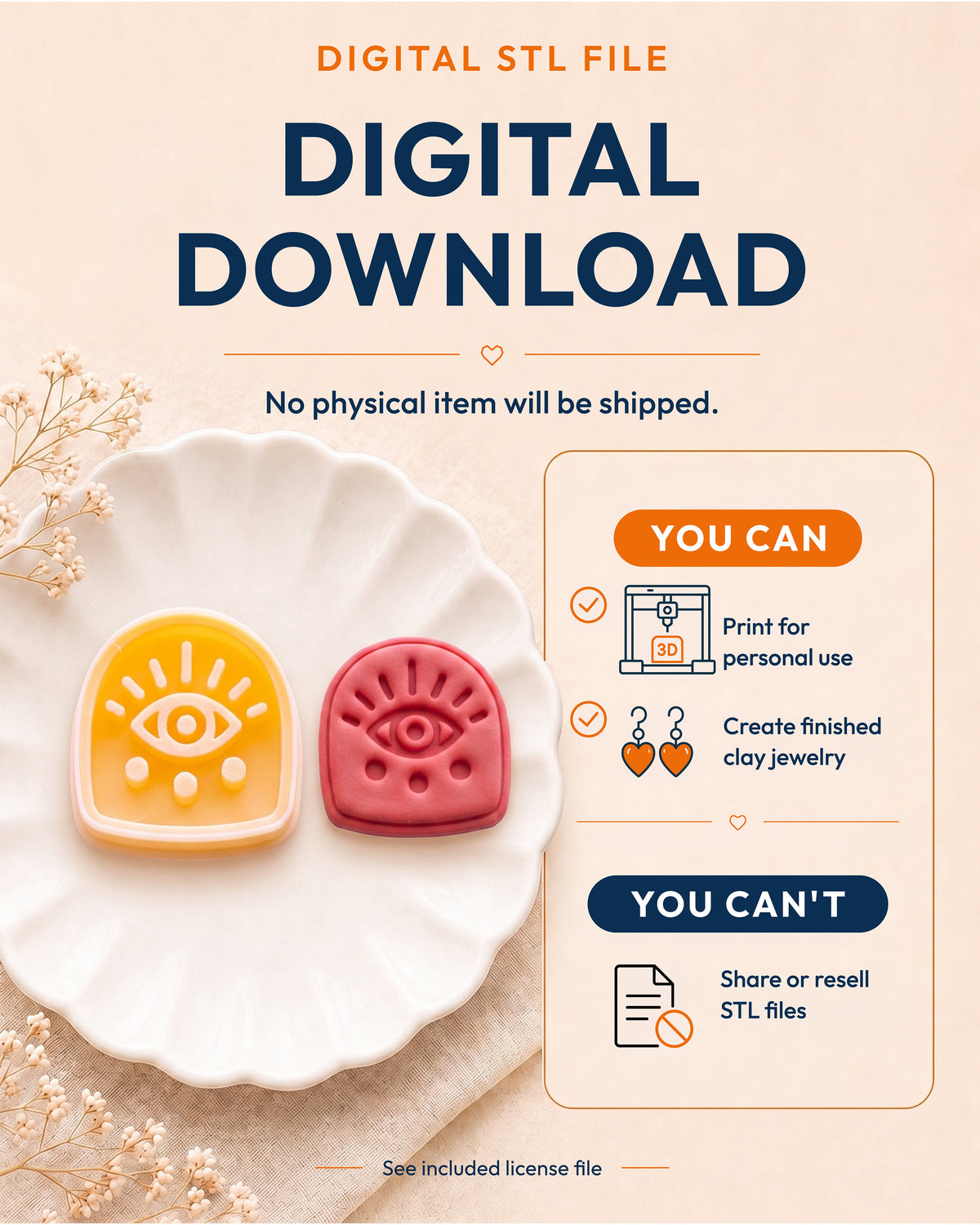 Digital download information graphic for the Boho Eye Arch STL files, explaining that no physical item is shipped.