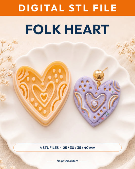 Digital STL listing hero showing the Boho Folk Heart printed clay cutter with example finished polymer clay jewelry.