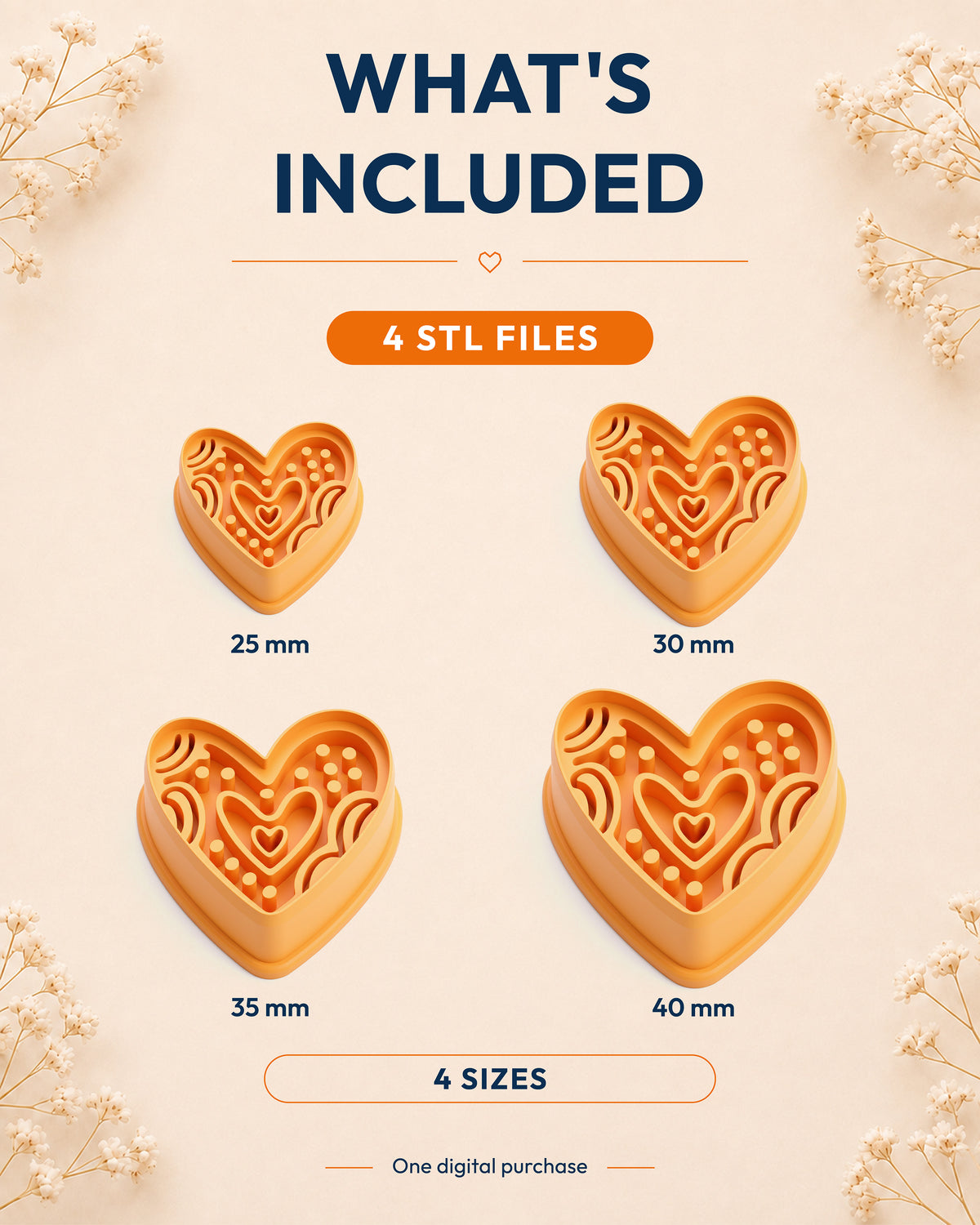 What's included graphic showing the STL file package and available sizes for the Boho Folk Heart clay cutter.