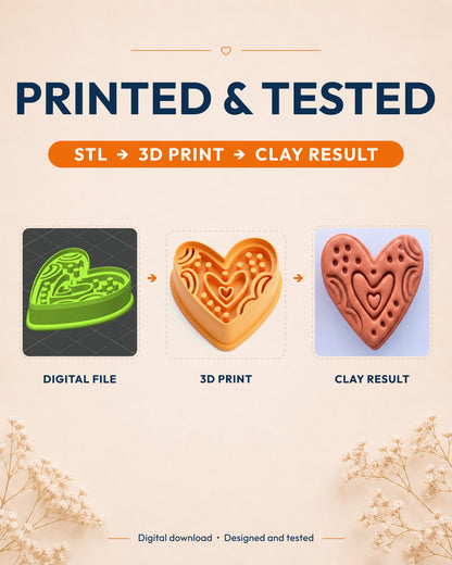 Printed and tested graphic showing the digital model, printed Boho Folk Heart cutter and matching polymer clay result.