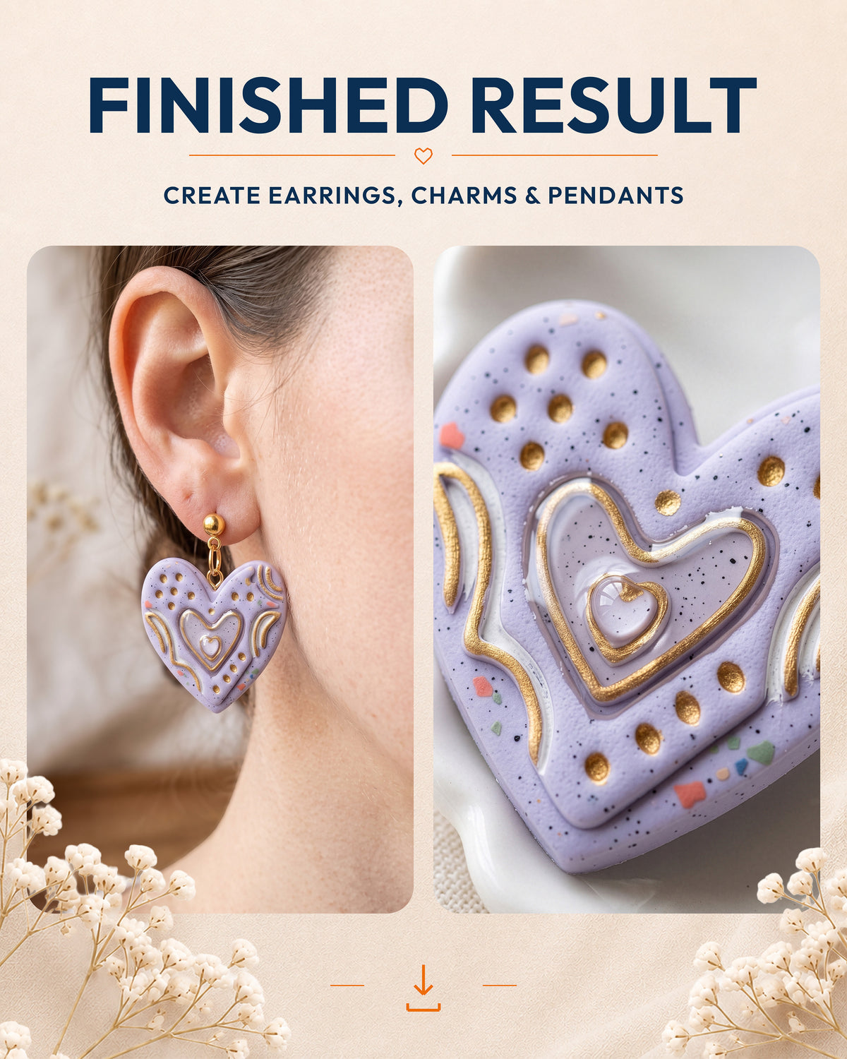 Finished result collage showing polymer clay jewelry created with the Boho Folk Heart cutter design.
