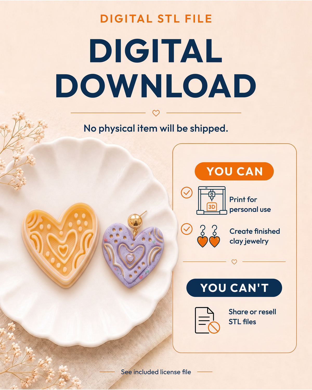 Digital download information graphic for the Boho Folk Heart STL files, explaining that no physical item is shipped.