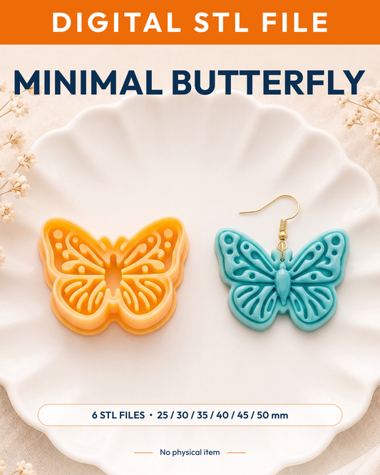 Digital STL listing hero showing the Butterfly printed clay cutter with example finished polymer clay jewelry.