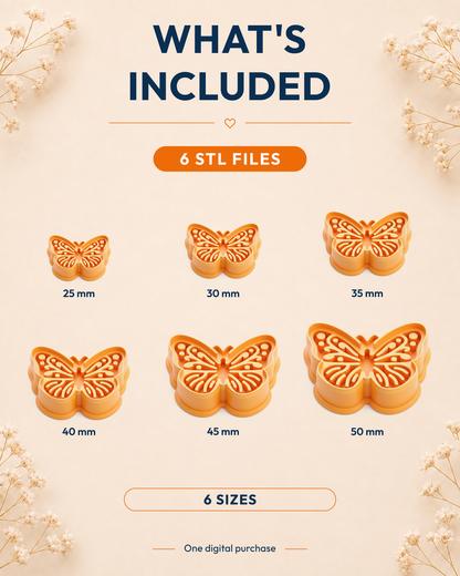 What's included graphic showing the STL file package and available sizes for the Butterfly clay cutter.