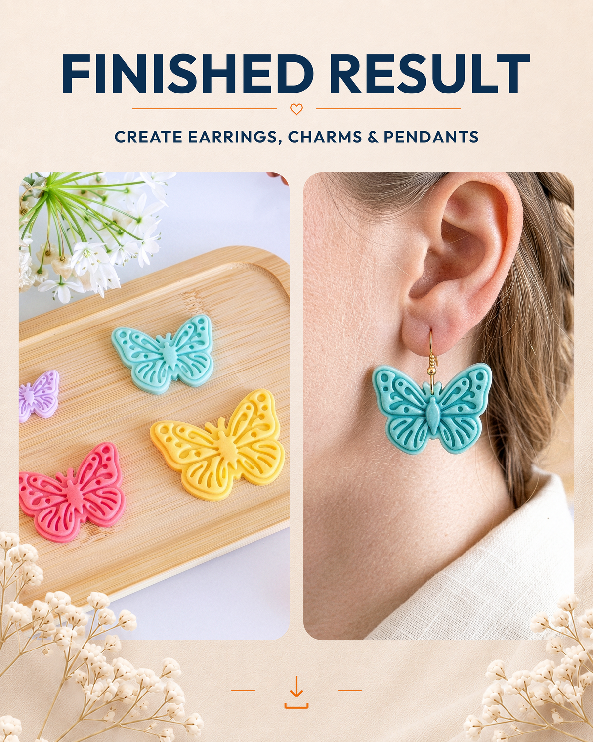Finished result collage showing polymer clay jewelry created with the Butterfly cutter design.