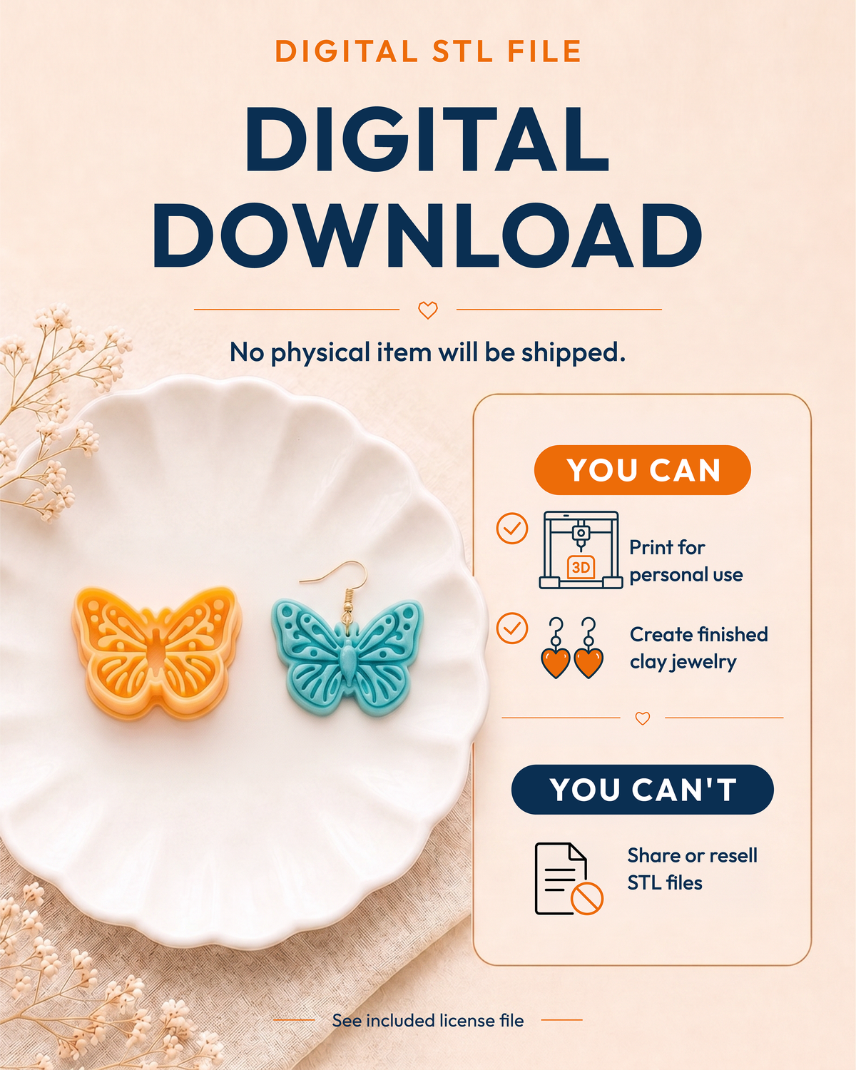 Digital download information graphic for the Butterfly STL files, explaining that no physical item is shipped.