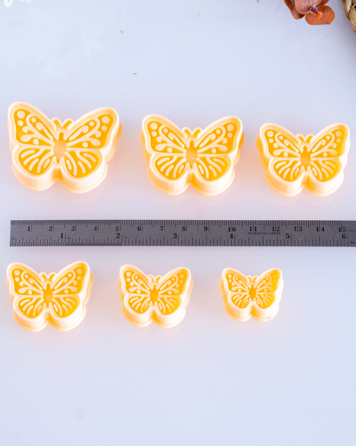 Butterfly clay cutters shown with a ruler or size lineup to provide a practical scale reference.