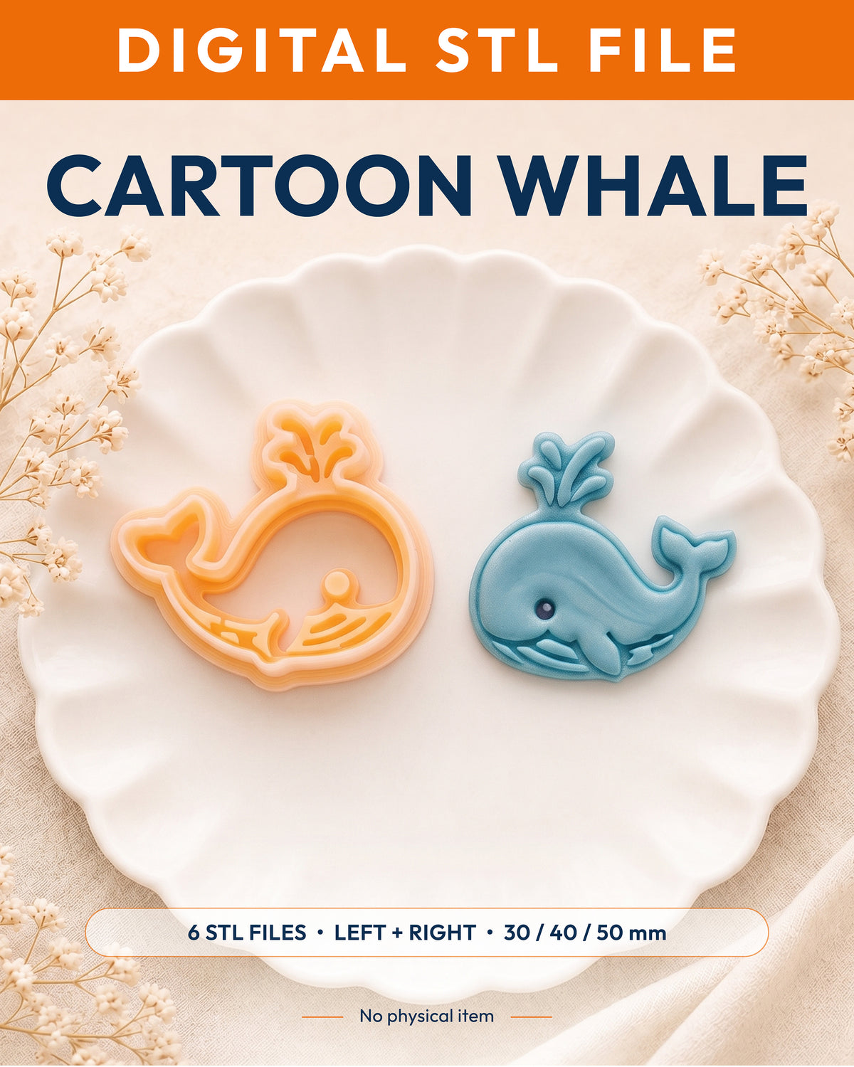Digital STL listing hero showing the Cartoon Whale printed clay cutter with example finished polymer clay jewelry.