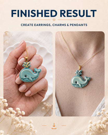 Finished result collage showing polymer clay jewelry created with the Cartoon Whale cutter design.