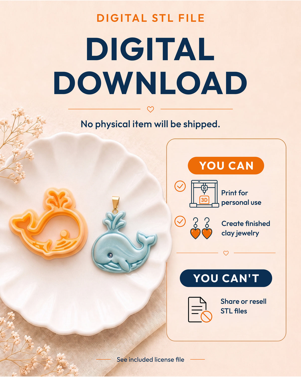 Digital download information graphic for the Cartoon Whale STL files, explaining that no physical item is shipped.