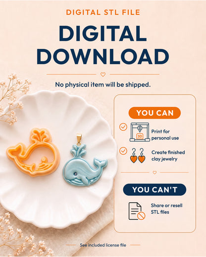 Digital download information graphic for the Cartoon Whale STL files, explaining that no physical item is shipped.