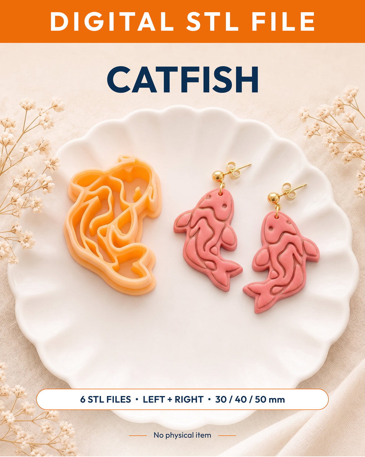 Digital STL listing hero showing the Catfish printed clay cutter with example finished polymer clay jewelry.
