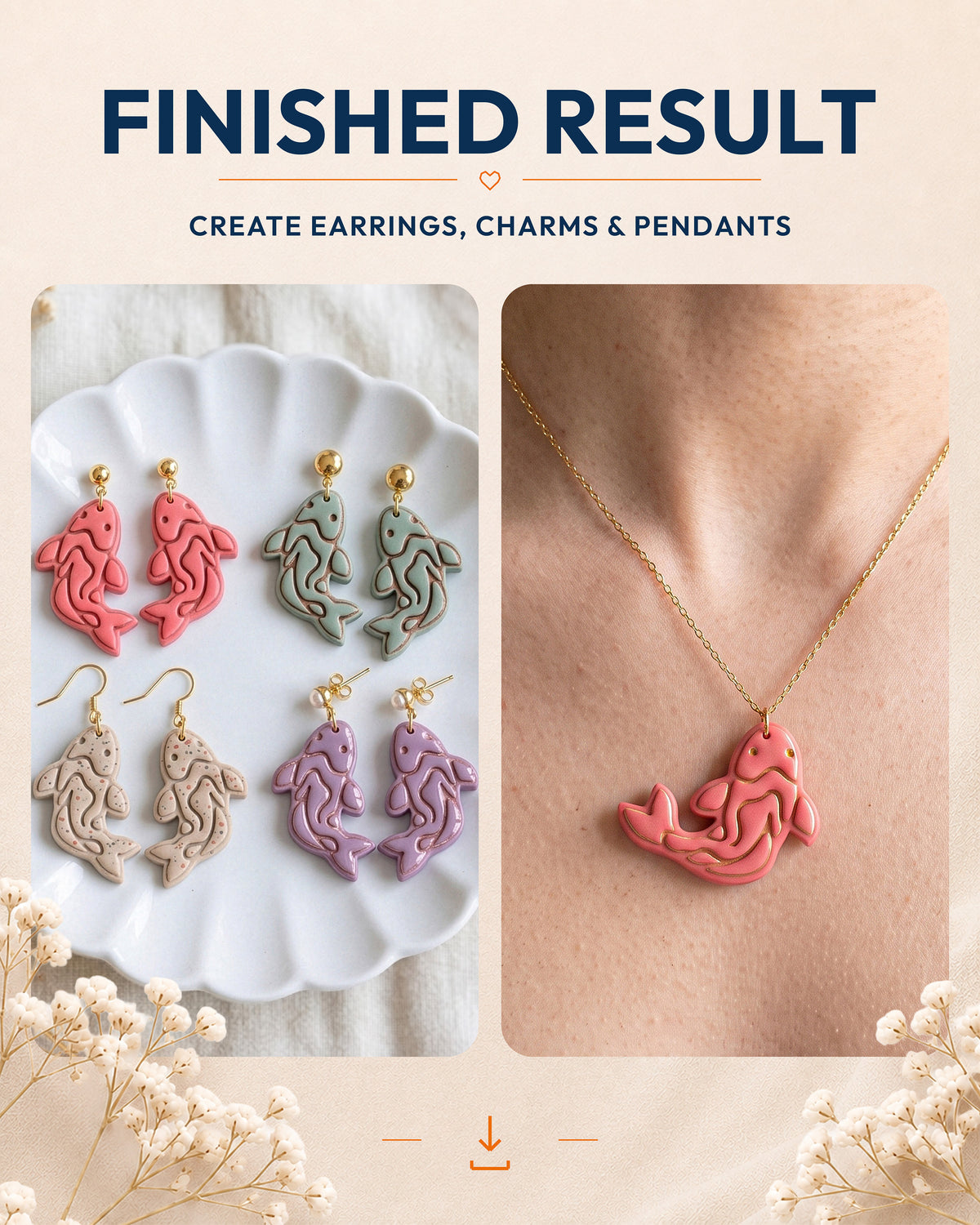 Finished result collage showing polymer clay jewelry created with the Catfish cutter design.