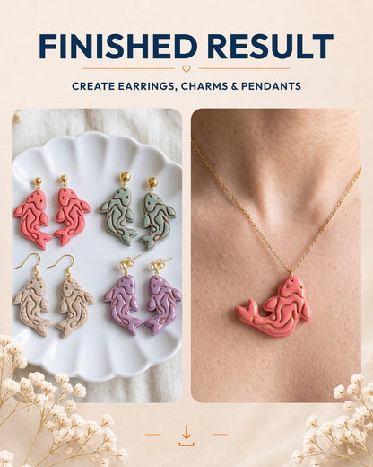 Finished result collage showing polymer clay jewelry created with the Catfish cutter design.