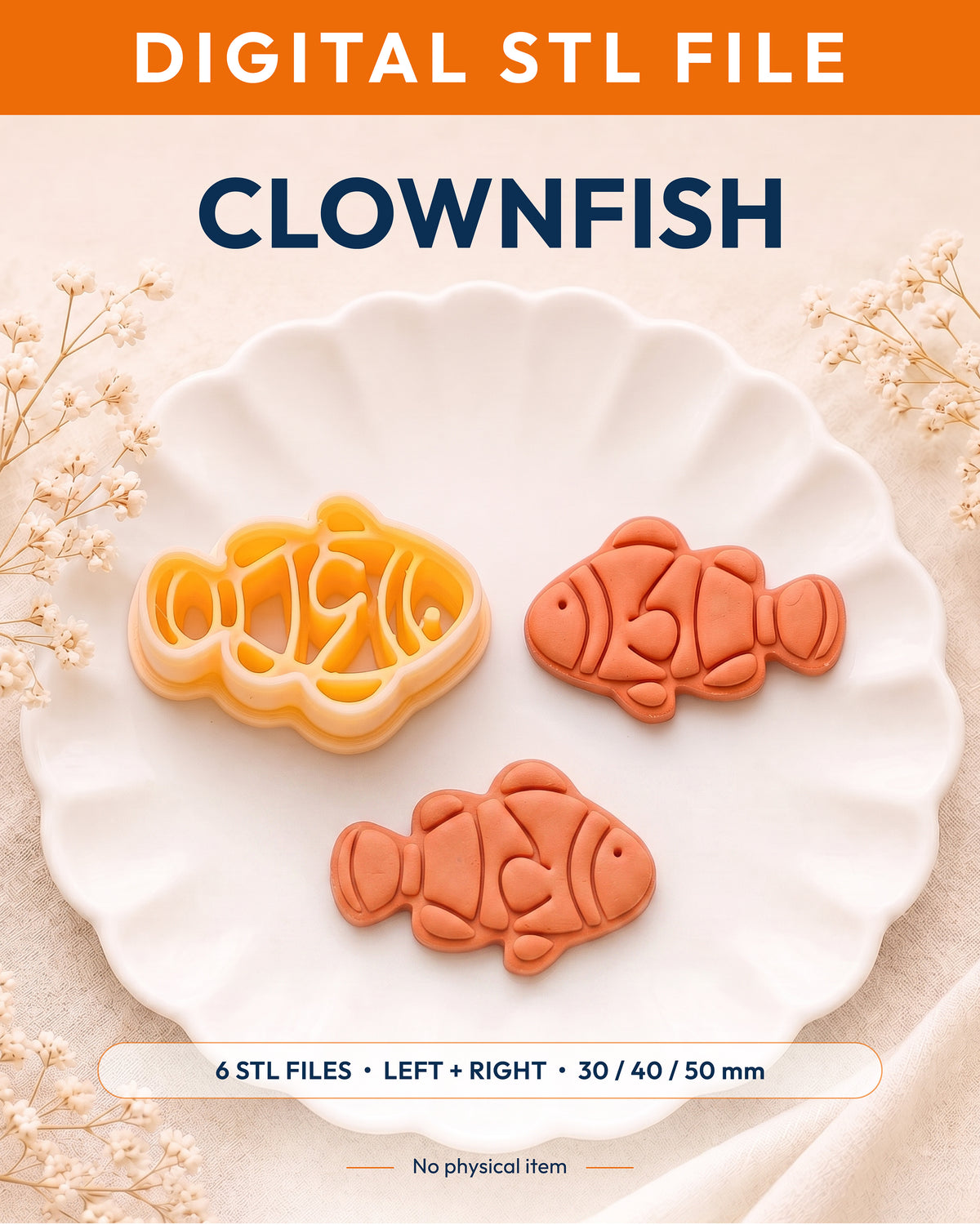 Digital STL listing hero showing the Clownfish printed clay cutter with example finished polymer clay jewelry.
